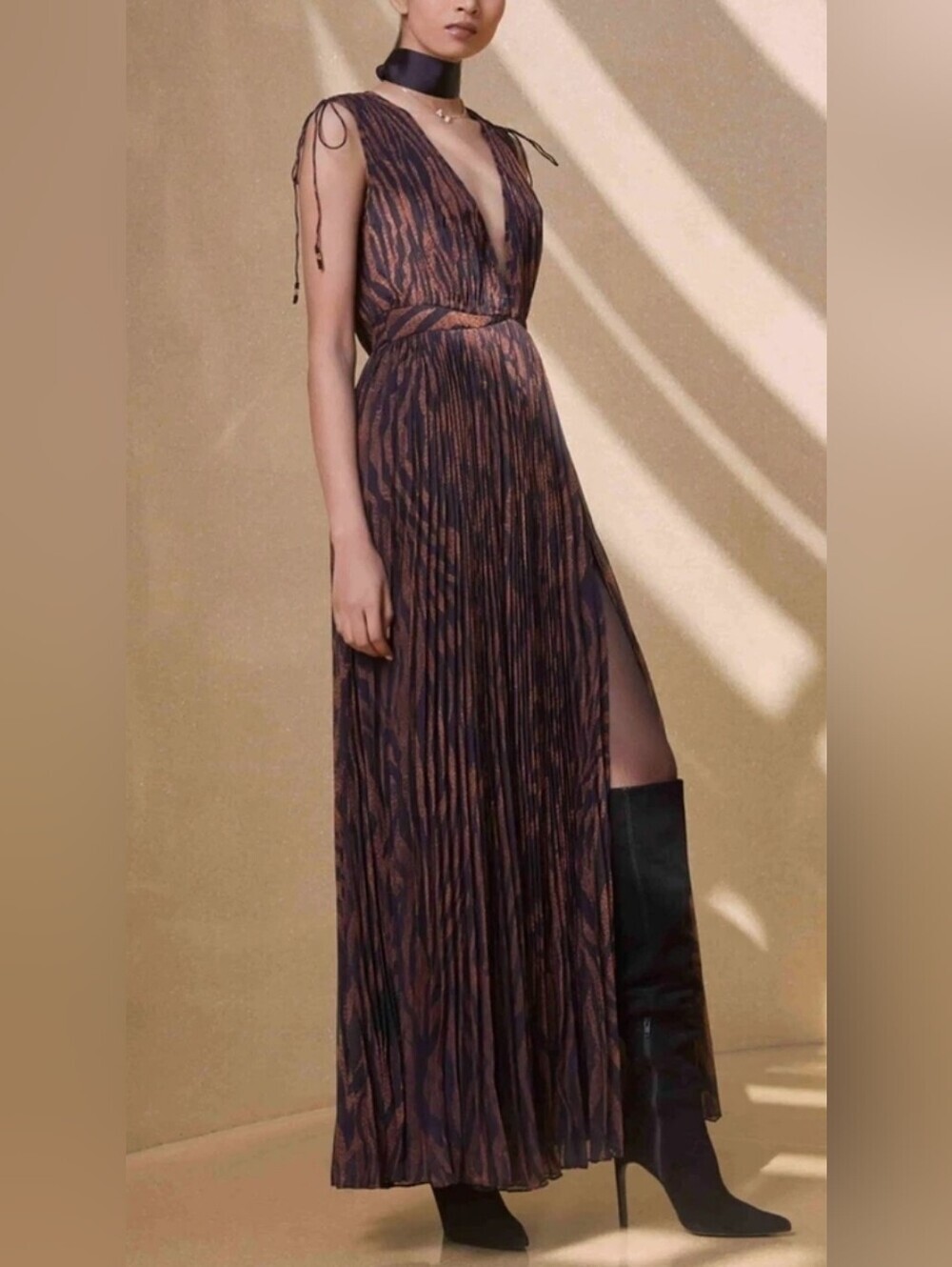 ROCOCO SAND Aine Maxi Dress Brown Chiffon Animal Print Boho M
